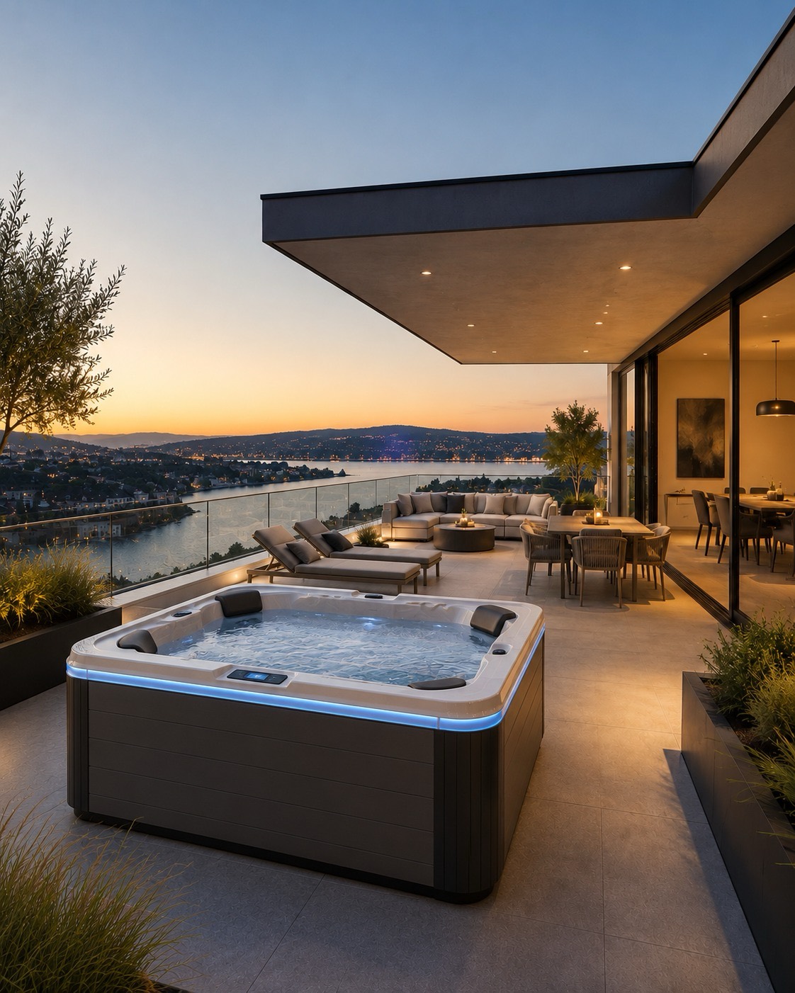 Whirlpool auf einer Terrasse mit Seesicht bei Abendlicht von InterSpa