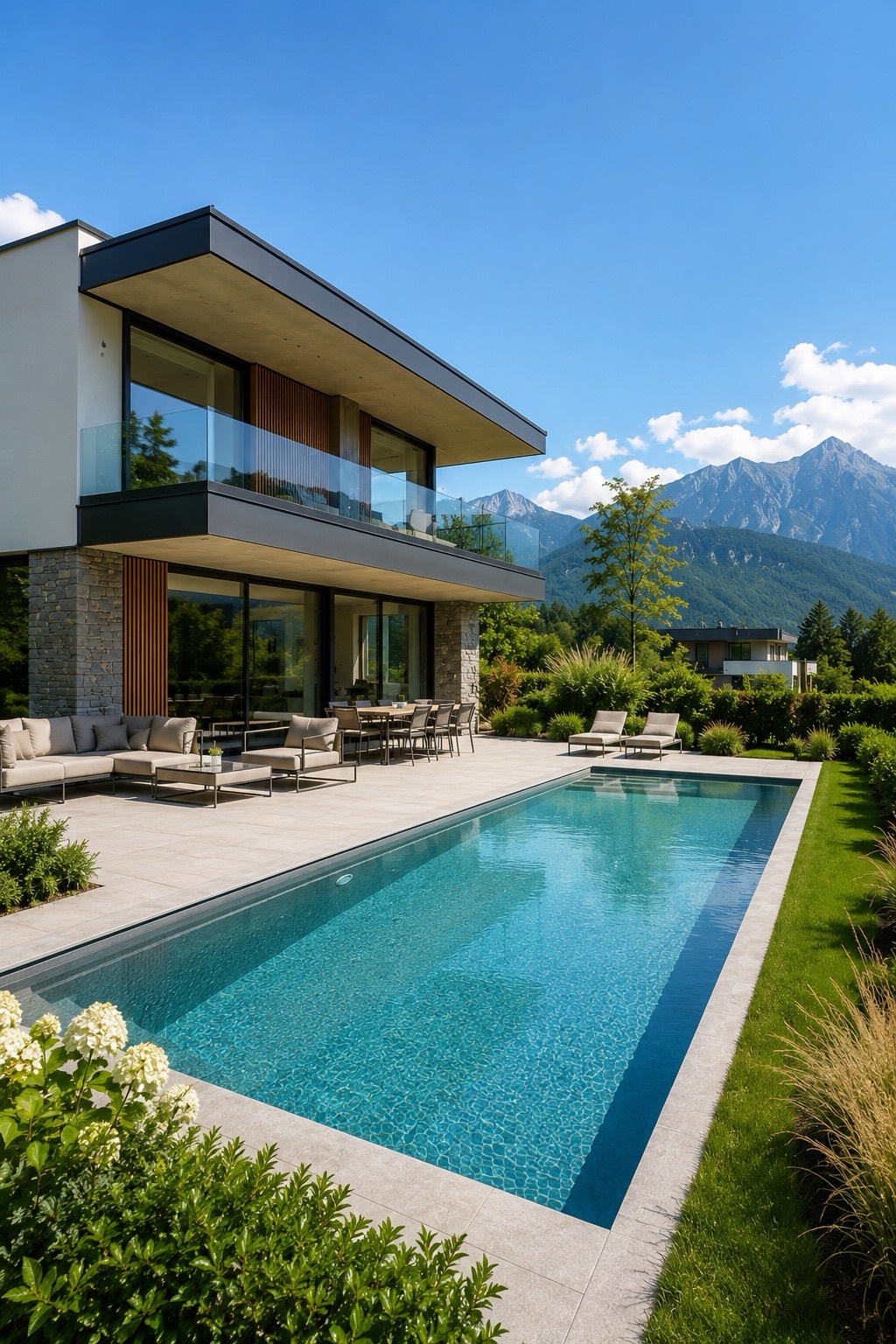 Moderner Gartenpool an einer Villa mit Bergsicht