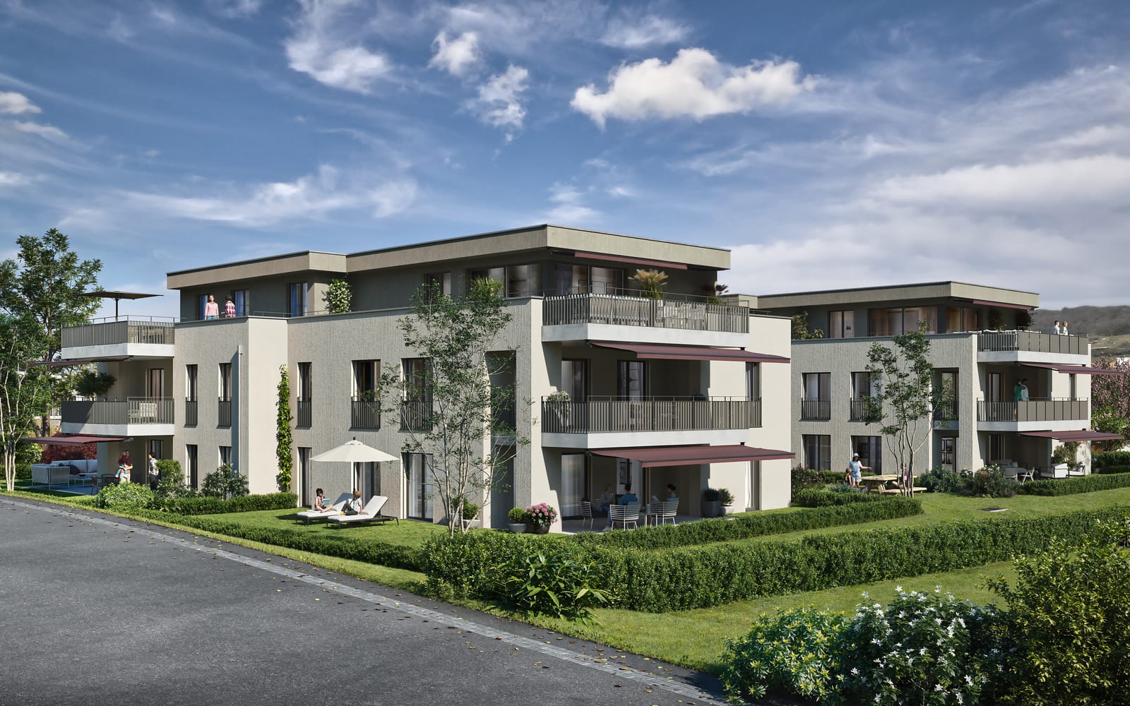 Neubau-Mehrfamilienhaus mit Balkonen und Garten, inseriert über Property Butler